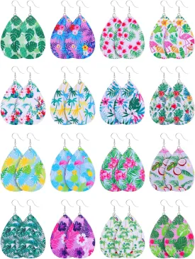 16 Pairs Hawaii Faux Leather Teardrop Earrings Summer Tropical Boho Lightweight Leaf Drop Earrings for Women