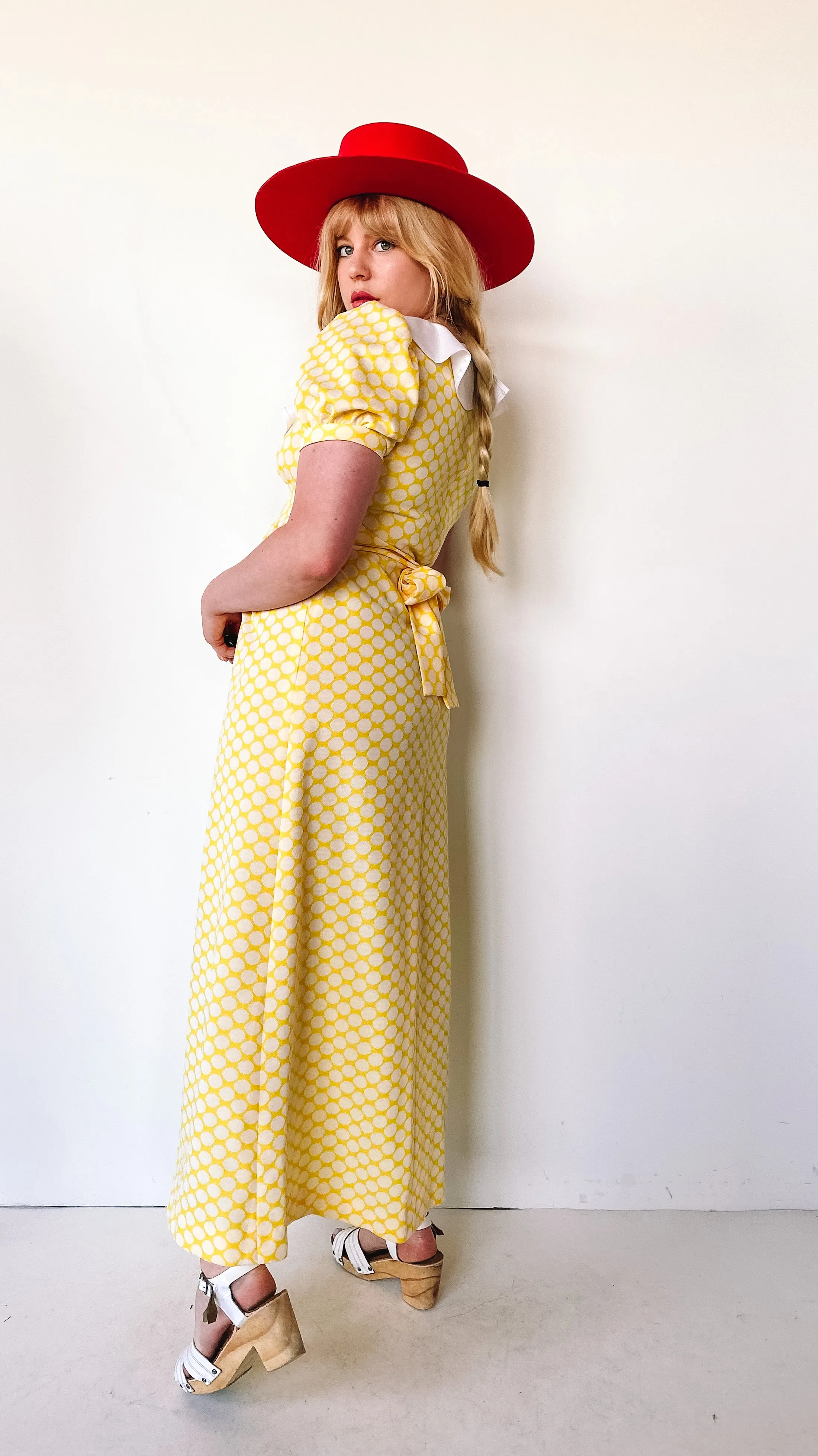 1970s Sunshine Polkadot Ruffle Dress, sz. M