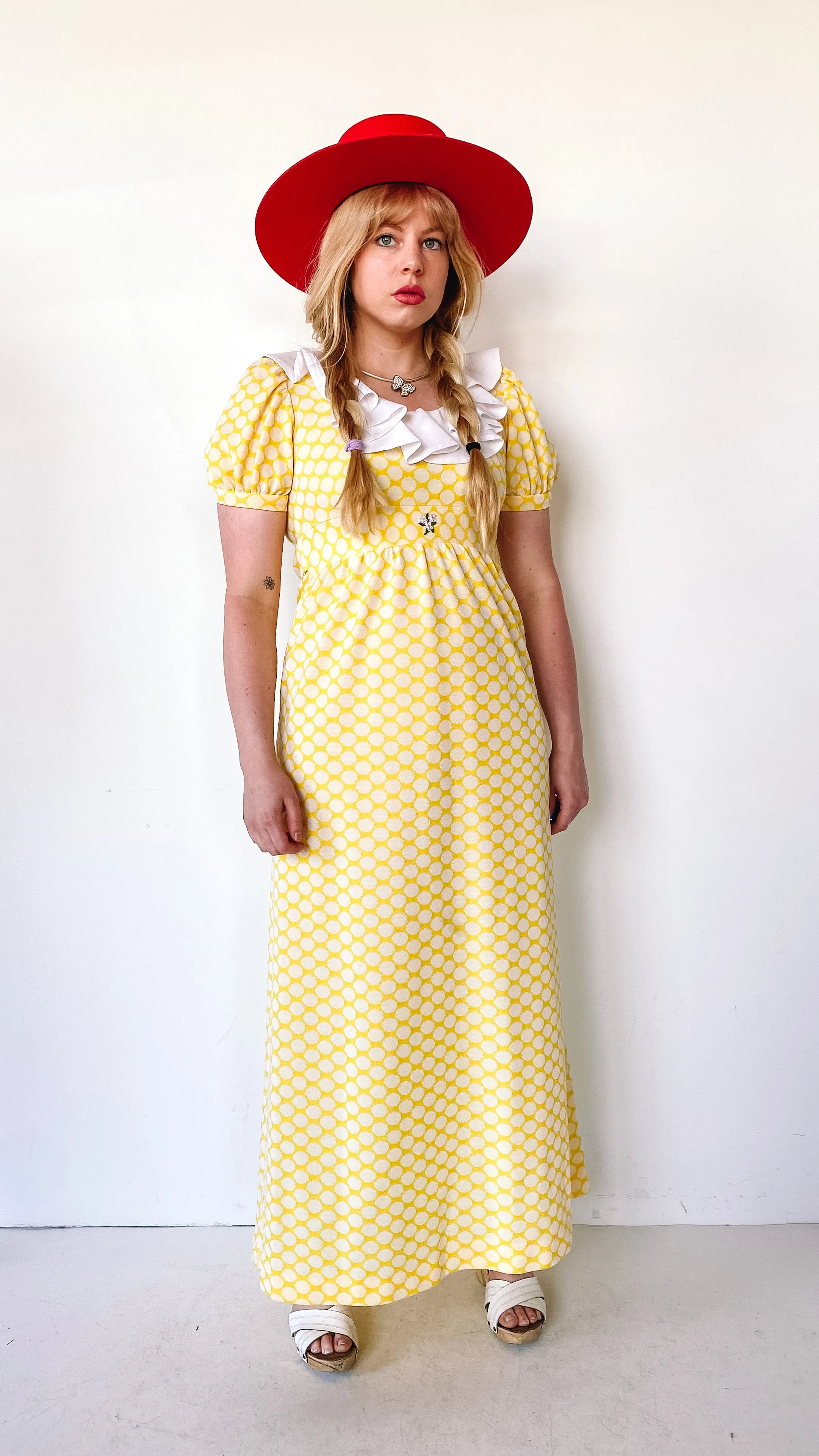 1970s Sunshine Polkadot Ruffle Dress, sz. M