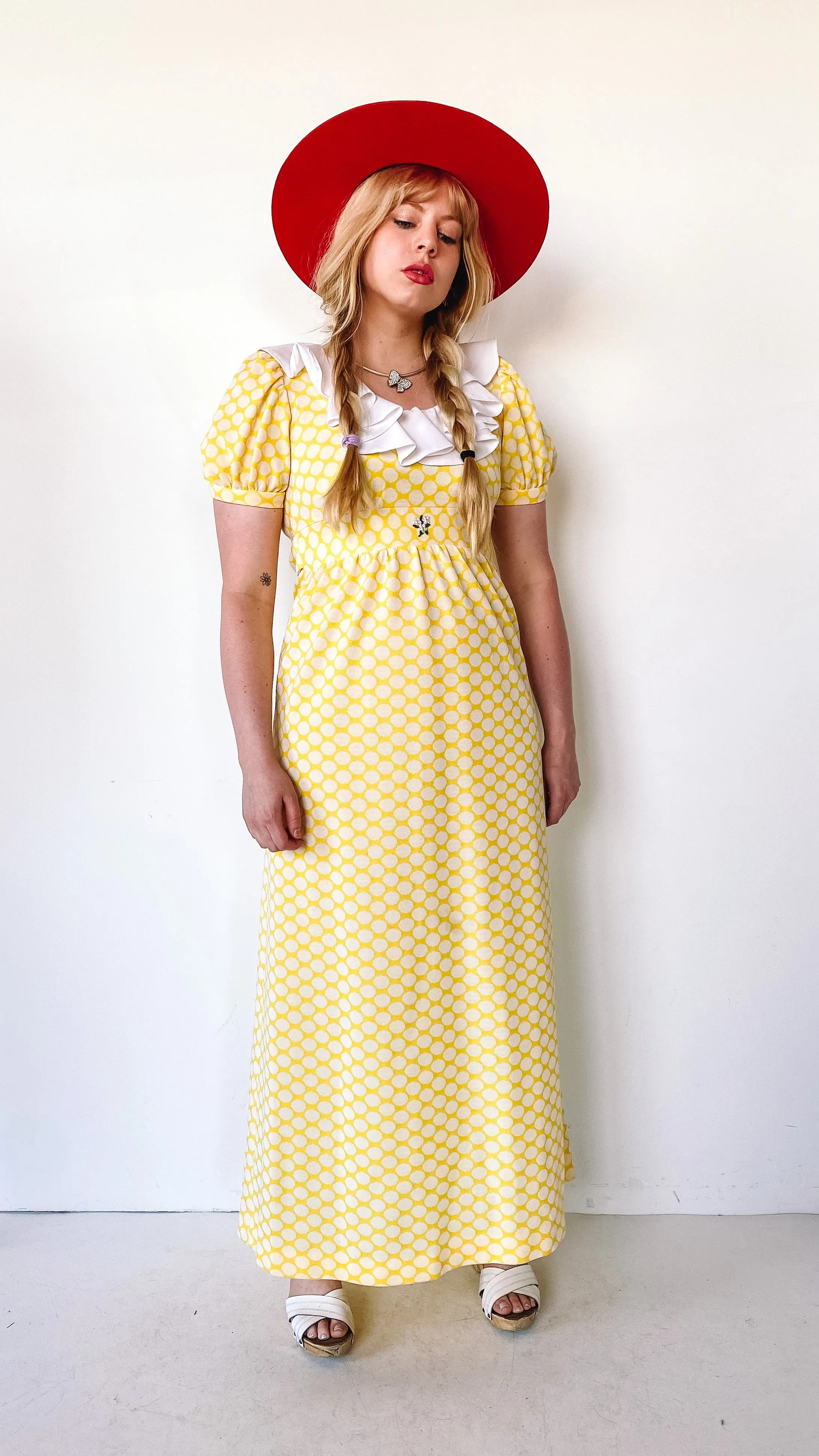 1970s Sunshine Polkadot Ruffle Dress, sz. M