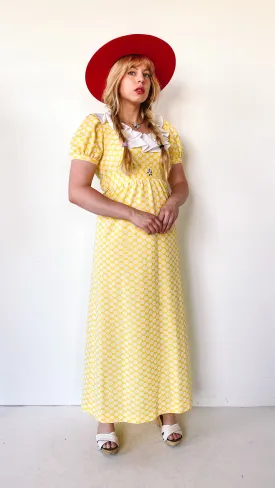 1970s Sunshine Polkadot Ruffle Dress, sz. M