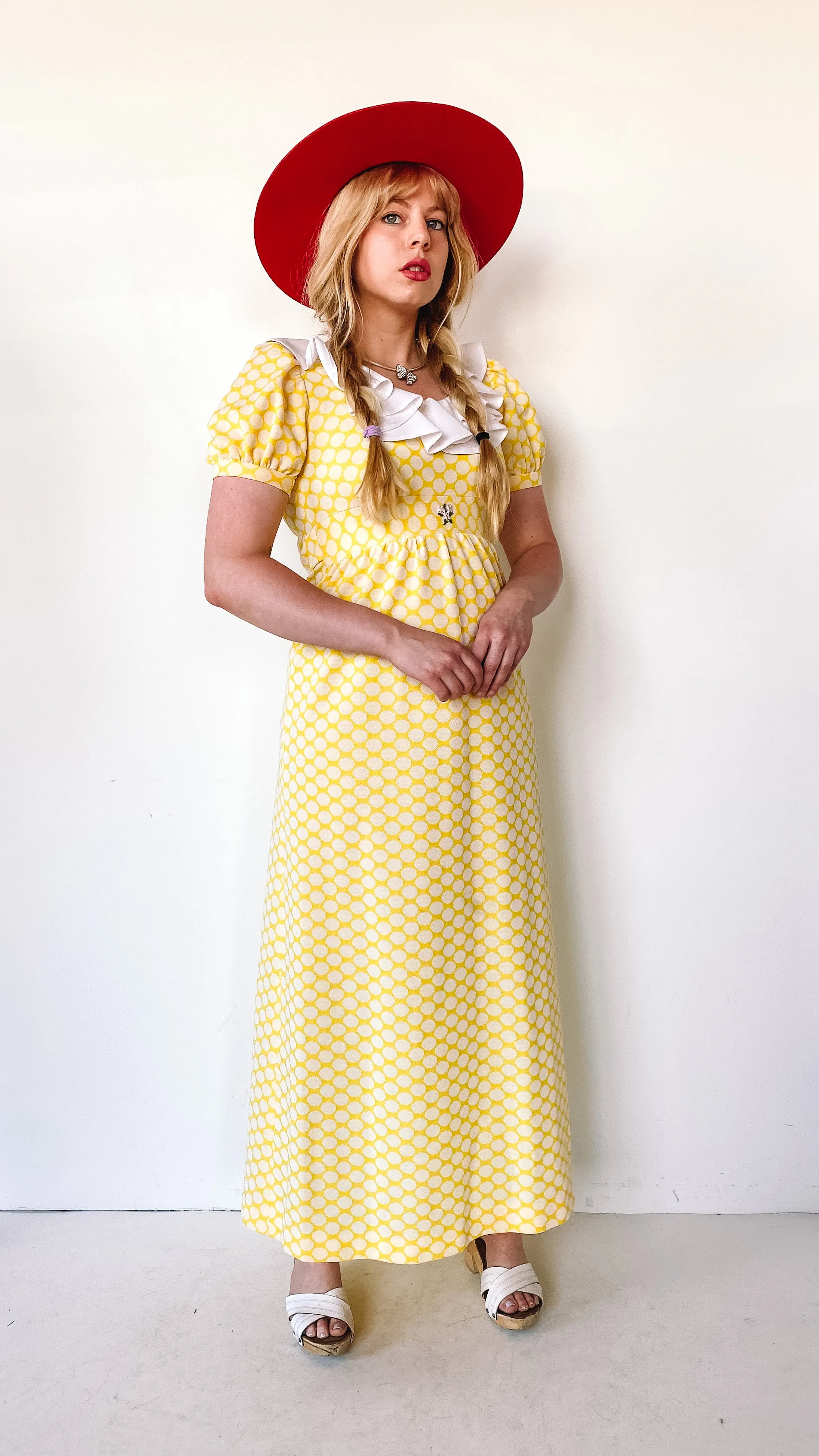 1970s Sunshine Polkadot Ruffle Dress, sz. M