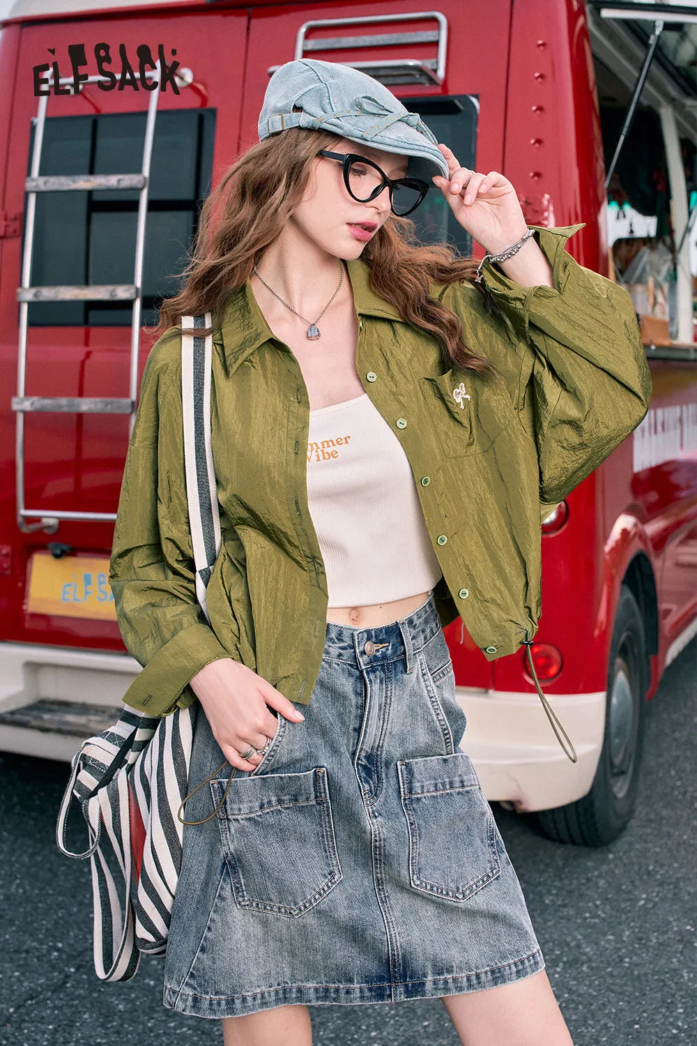 2024 Summer ELFSACK New Arrivals Red bow embroidery fashion casual petite thin short jacket for women