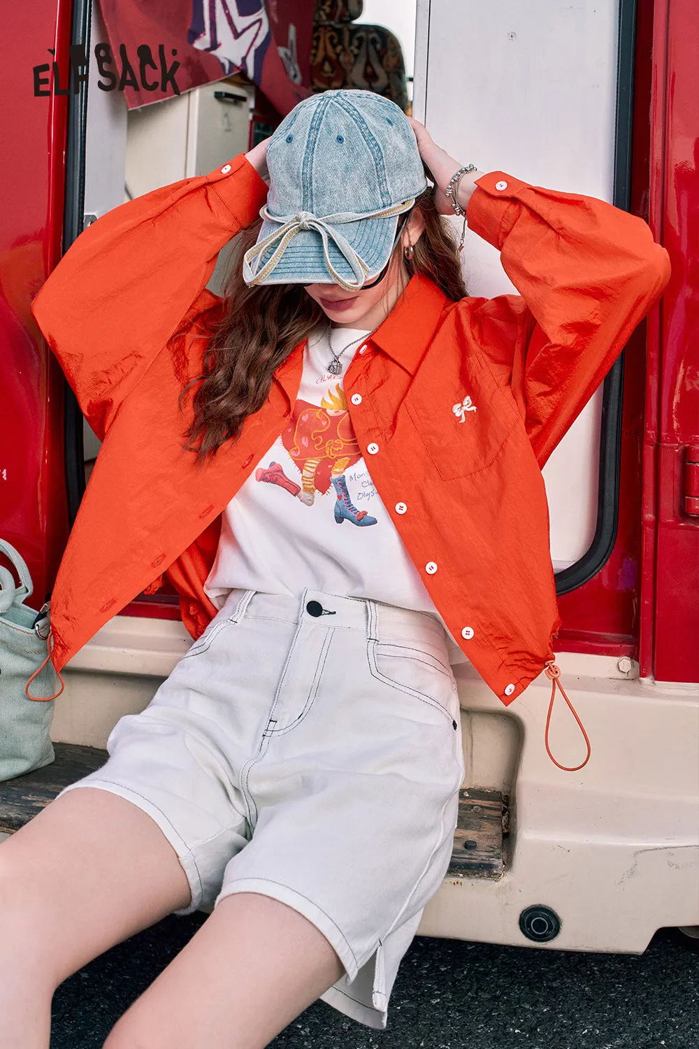 2024 Summer ELFSACK New Arrivals Red bow embroidery fashion casual petite thin short jacket for women