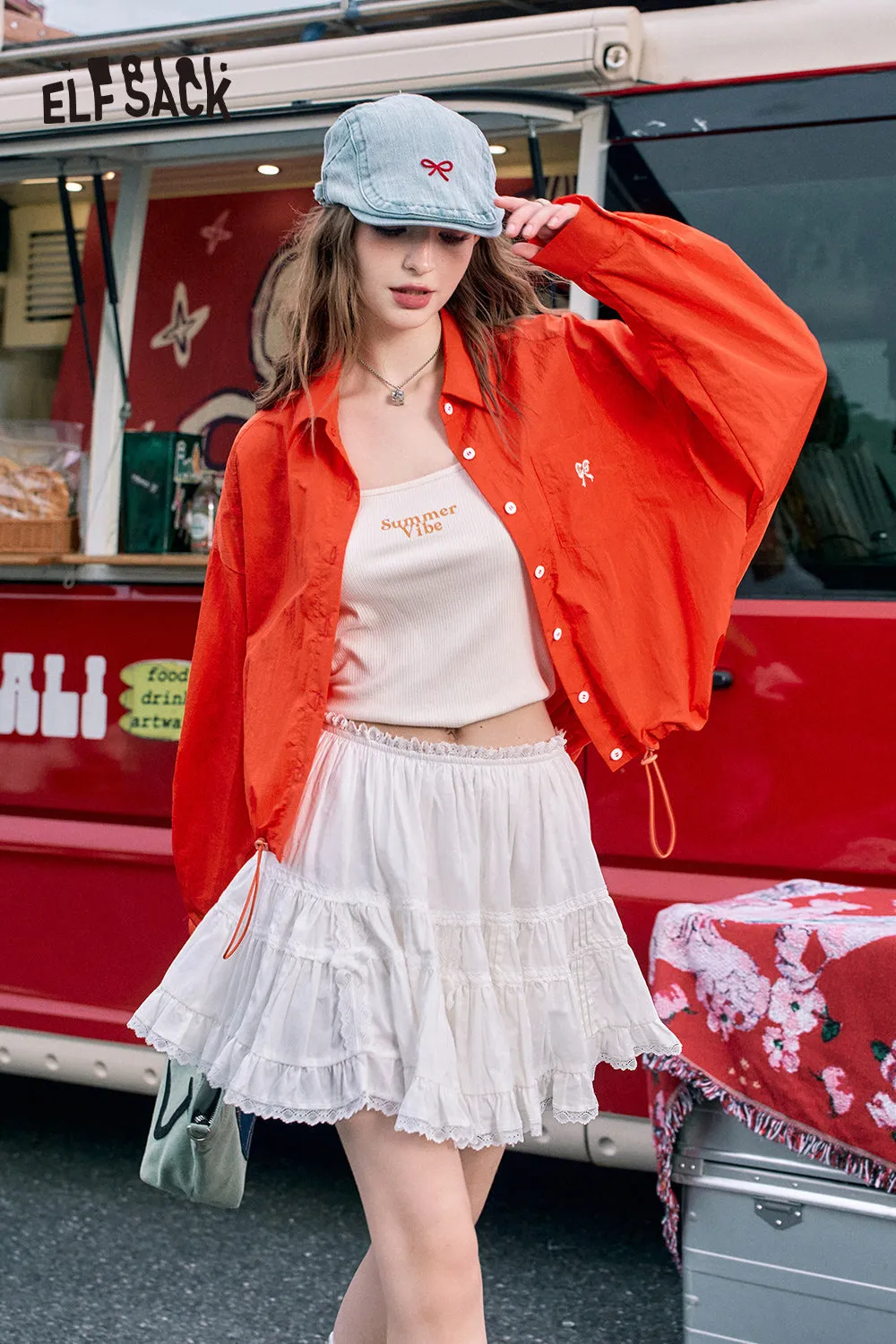 2024 Summer ELFSACK New Arrivals Red bow embroidery fashion casual petite thin short jacket for women