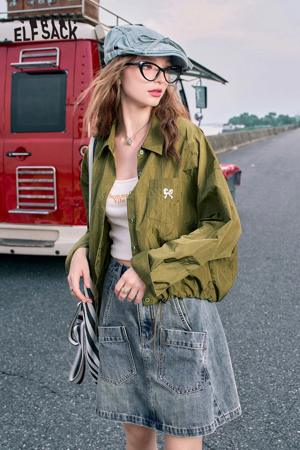 2024 Summer ELFSACK New Arrivals Red bow embroidery fashion casual petite thin short jacket for women