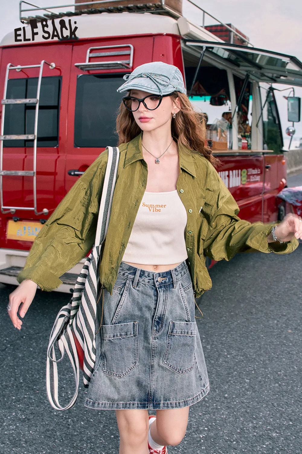 2024 Summer ELFSACK New Arrivals Red bow embroidery fashion casual petite thin short jacket for women