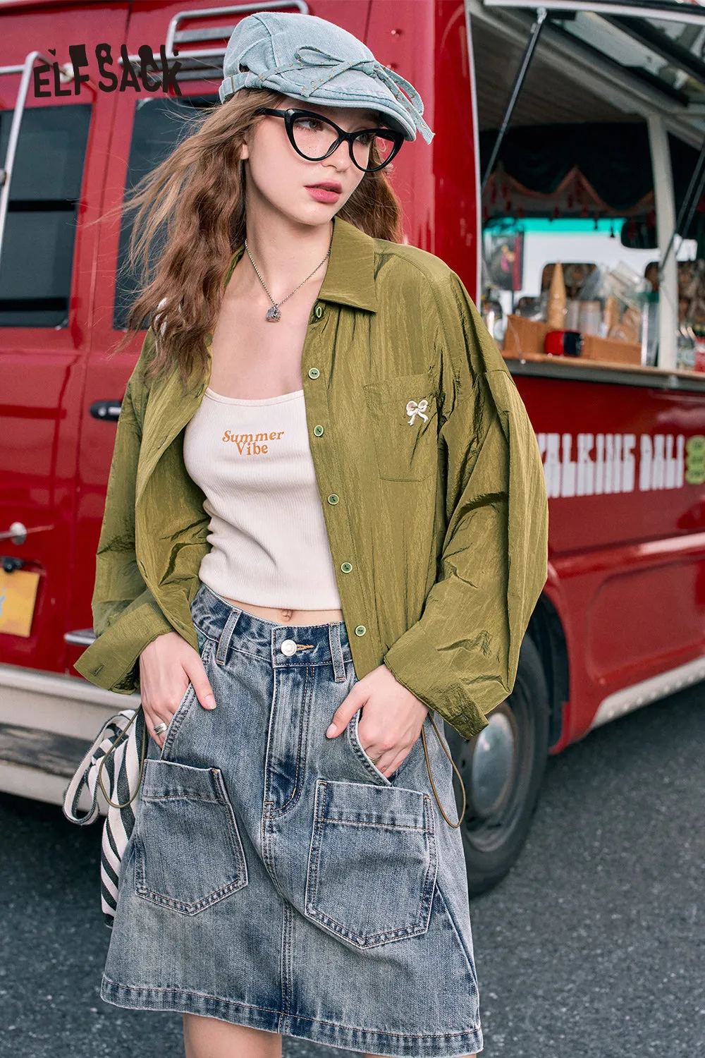 2024 Summer ELFSACK New Arrivals Red bow embroidery fashion casual petite thin short jacket for women