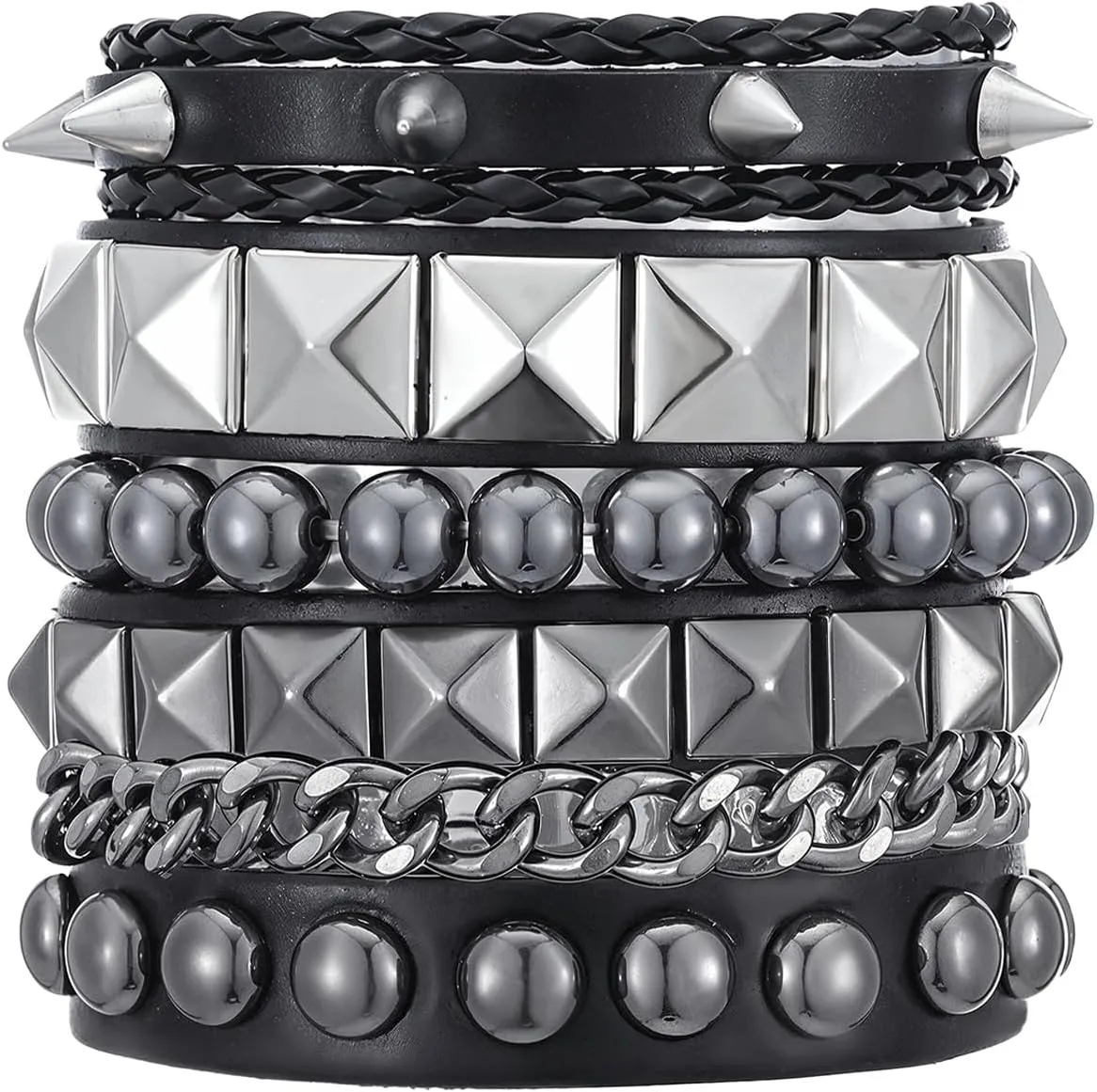 4 Pcs Leather Punk Rock Studded Bracelets for Men Women, Retro Gothic Spike Cuff Bracelet, Adjustable 80s Grunge Bracelet Set Emo Accessories for Rocker Outfits Jewelry