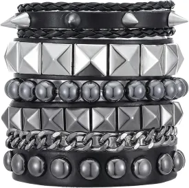 4 Pcs Leather Punk Rock Studded Bracelets for Men Women, Retro Gothic Spike Cuff Bracelet, Adjustable 80s Grunge Bracelet Set Emo Accessories for Rocker Outfits Jewelry