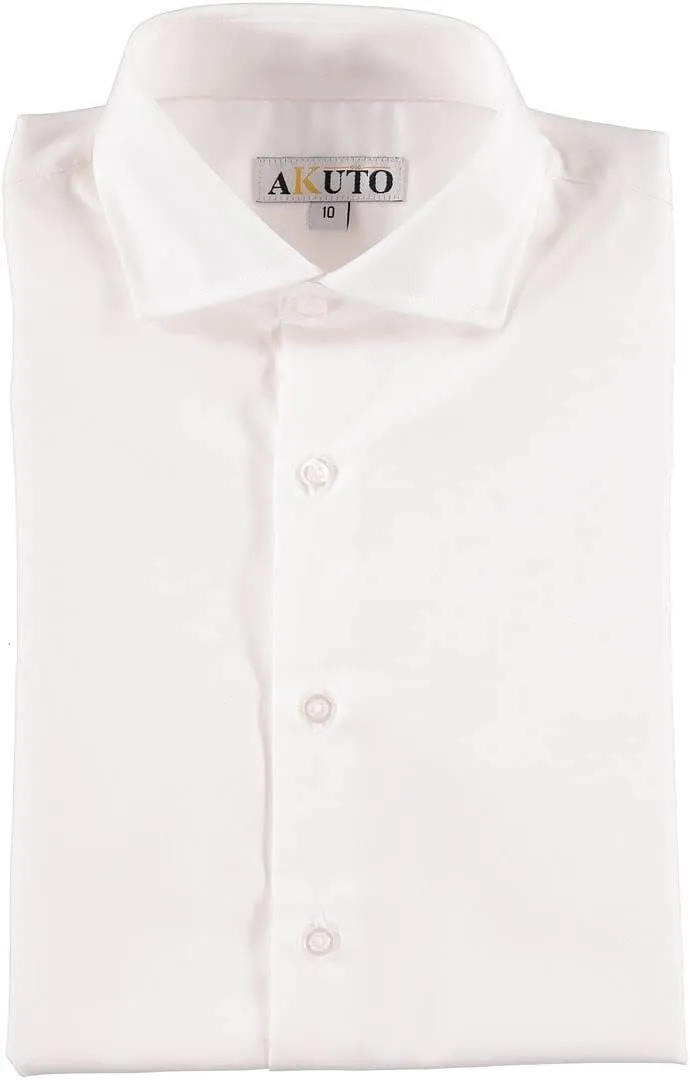 AKUTO Boys Slim Fit Solid White Short Sleeve Button Cuff Dress Shirt