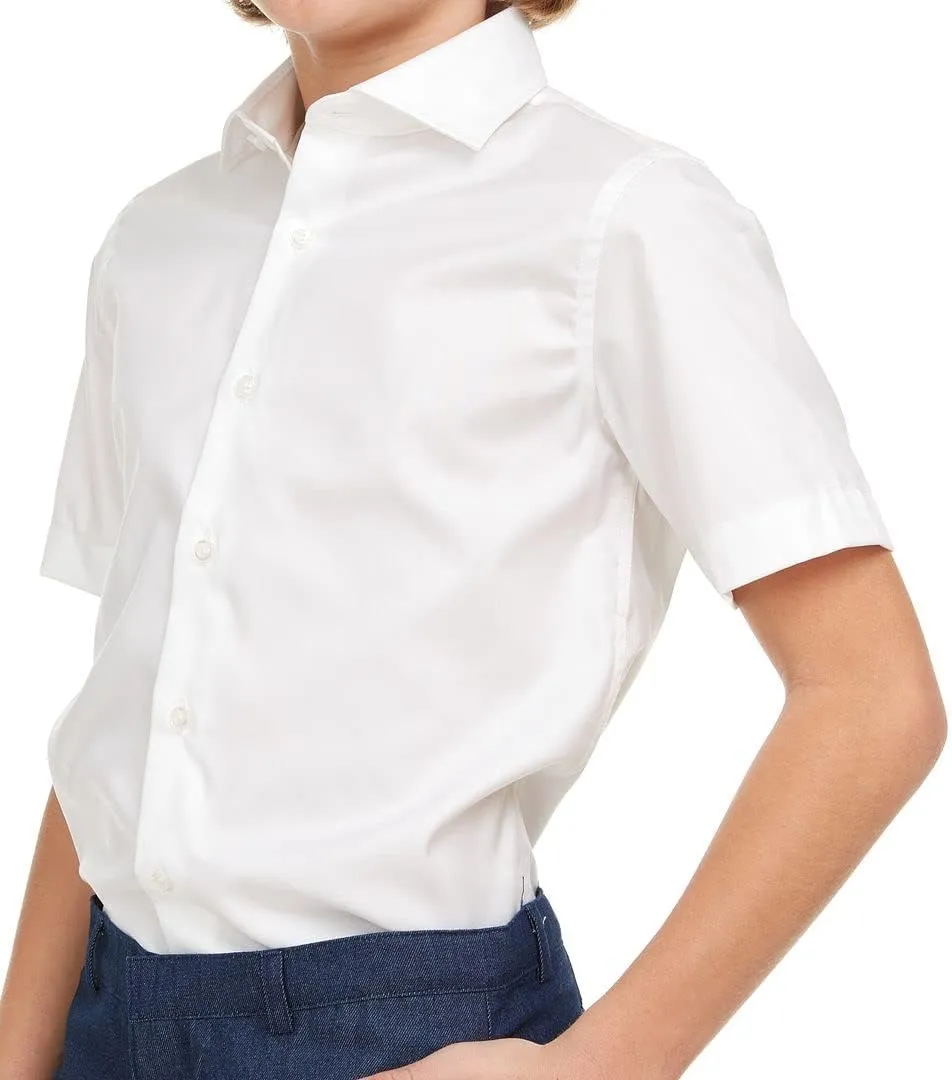 AKUTO Boys Slim Fit Solid White Short Sleeve Button Cuff Dress Shirt
