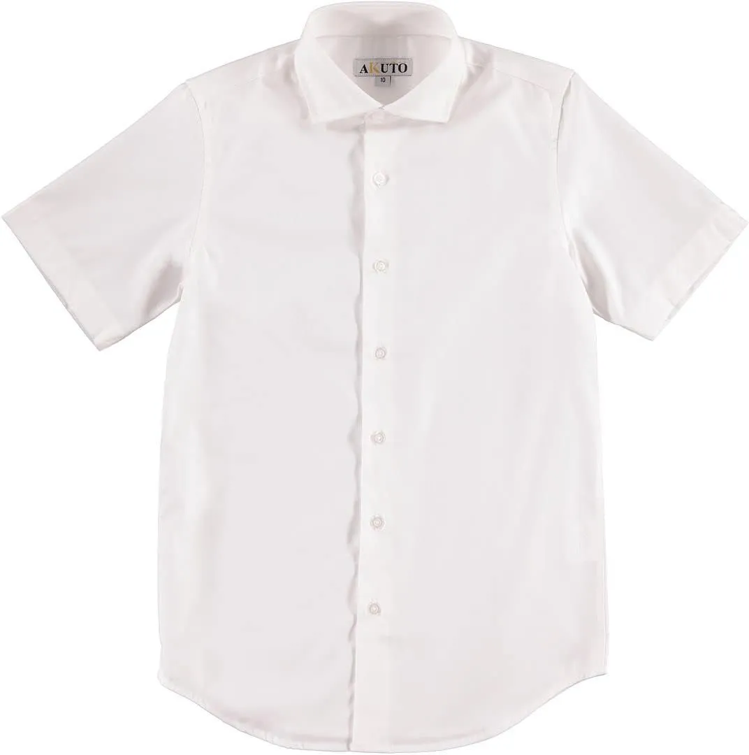 AKUTO Boys Slim Fit Solid White Short Sleeve Button Cuff Dress Shirt