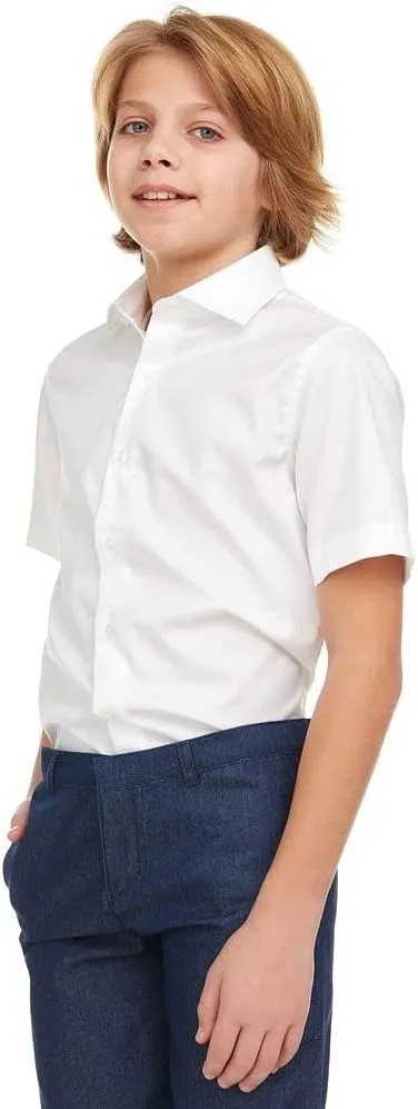 AKUTO Boys Slim Fit Solid White Short Sleeve Button Cuff Dress Shirt