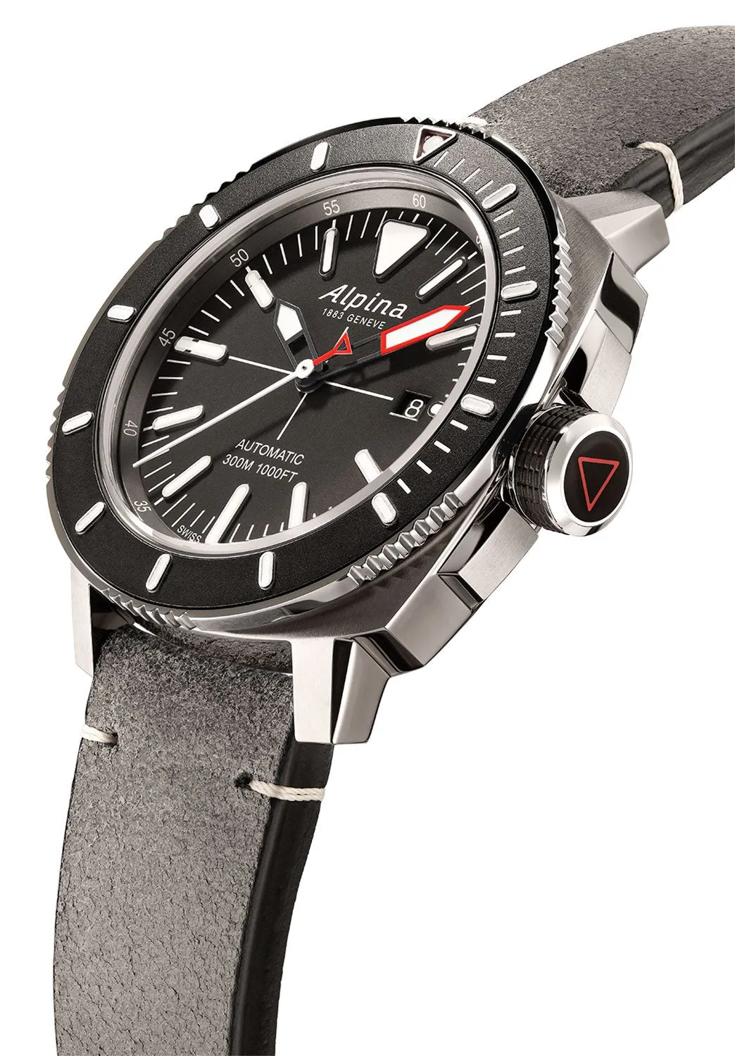 Alpina Seastrong Diver 300 Automatic Titanium PVD Case Grey Leather Strap Grey Dial Interchangeable Black Rubber Strap Date Mens Watch AL-525LGGW4TV6
