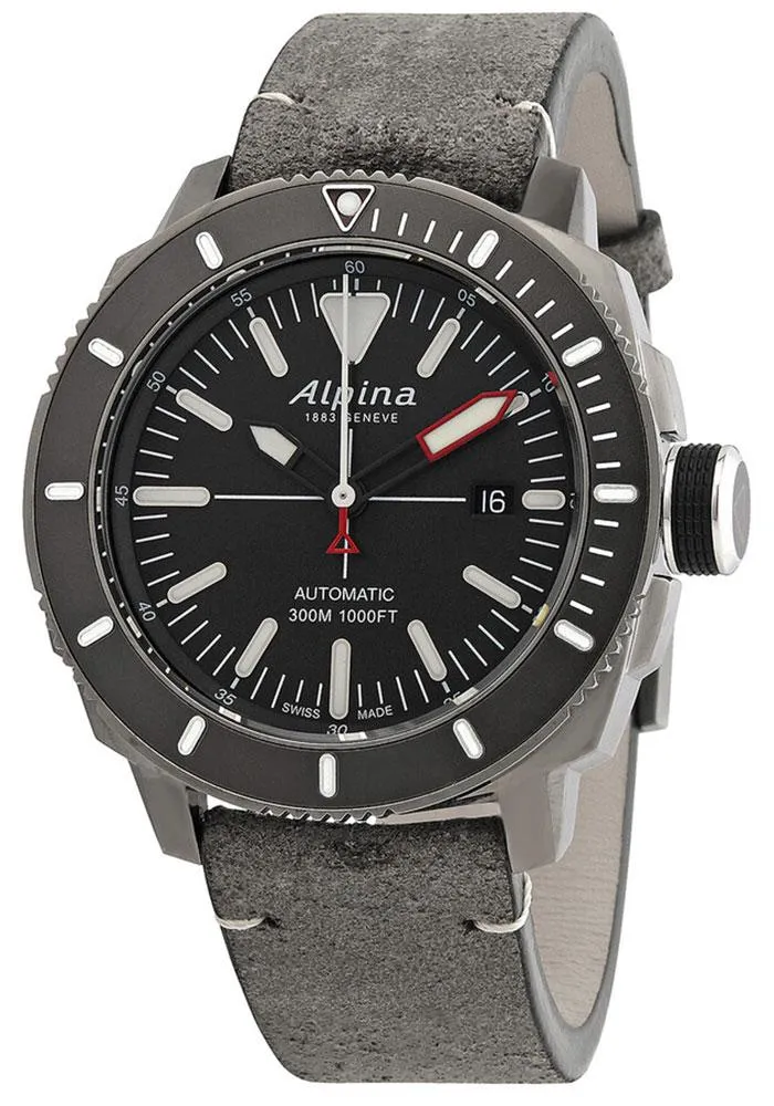 Alpina Seastrong Diver 300 Automatic Titanium PVD Case Grey Leather Strap Grey Dial Interchangeable Black Rubber Strap Date Mens Watch AL-525LGGW4TV6