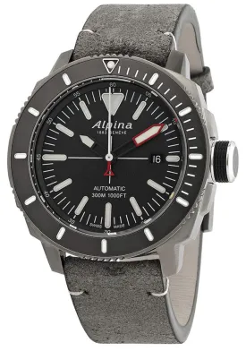 Alpina Seastrong Diver 300 Automatic Titanium PVD Case Grey Leather Strap Grey Dial Interchangeable Black Rubber Strap Date Mens Watch AL-525LGGW4TV6