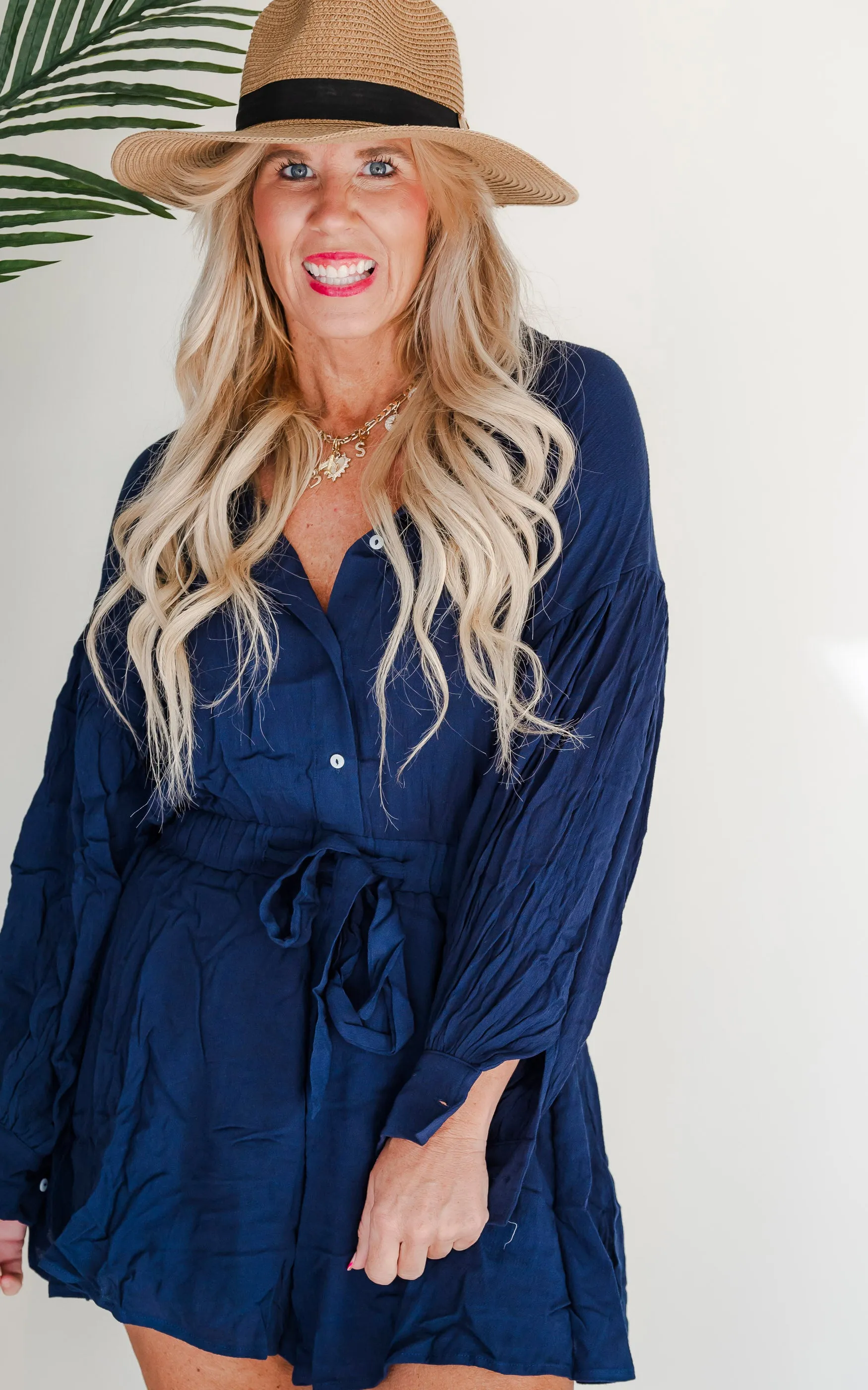 Balloon Sleeve Romper w/ Waist Strap - Final Sale