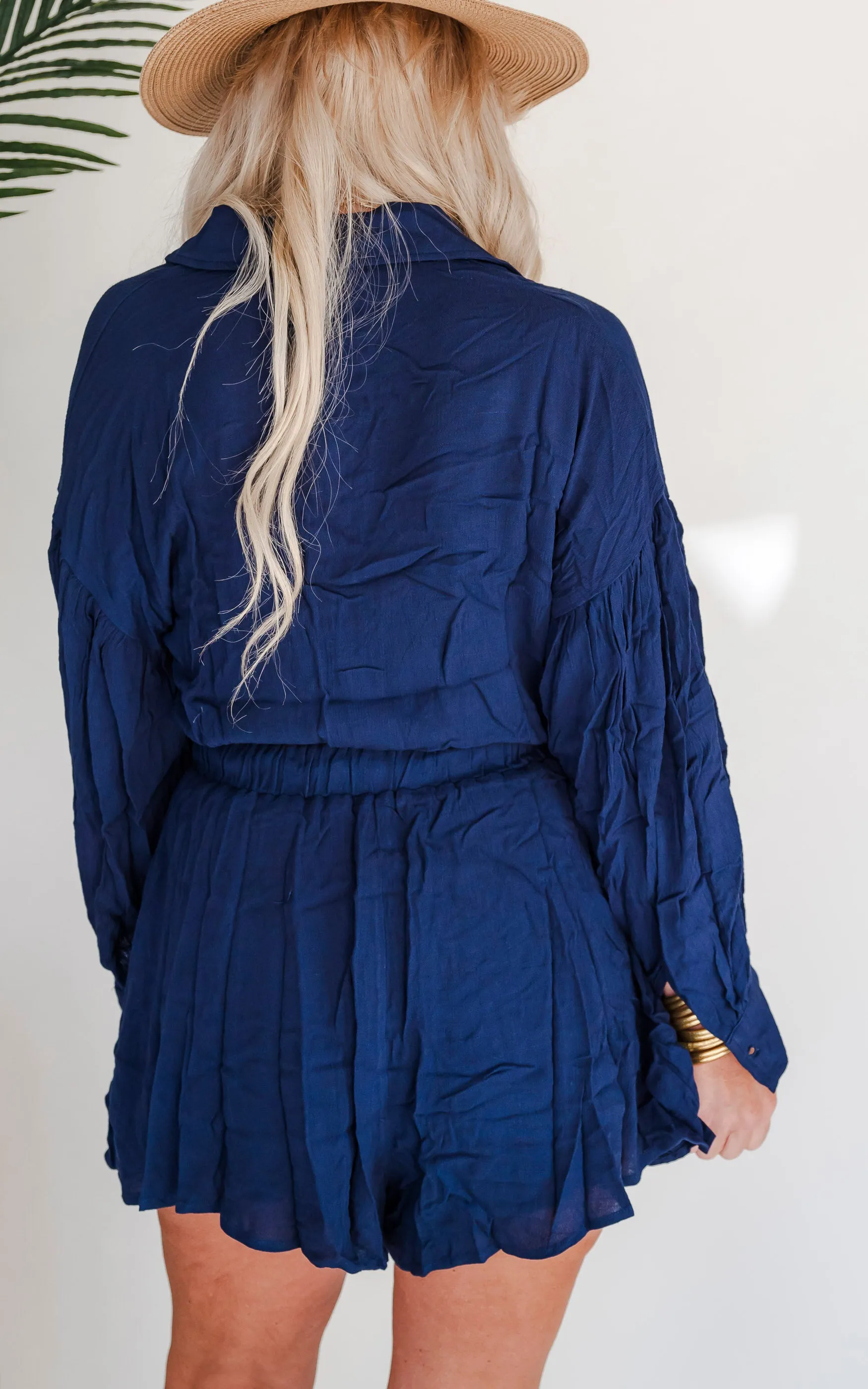 Balloon Sleeve Romper w/ Waist Strap - Final Sale