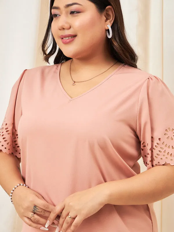 Berrylush Curve Women Solid Peach V-Neck Cutout Sleeves Crepe Regular Top