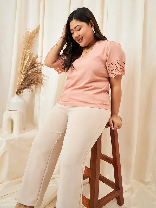 Berrylush Curve Women Solid Peach V-Neck Cutout Sleeves Crepe Regular Top