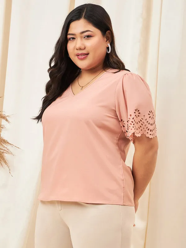 Berrylush Curve Women Solid Peach V-Neck Cutout Sleeves Crepe Regular Top