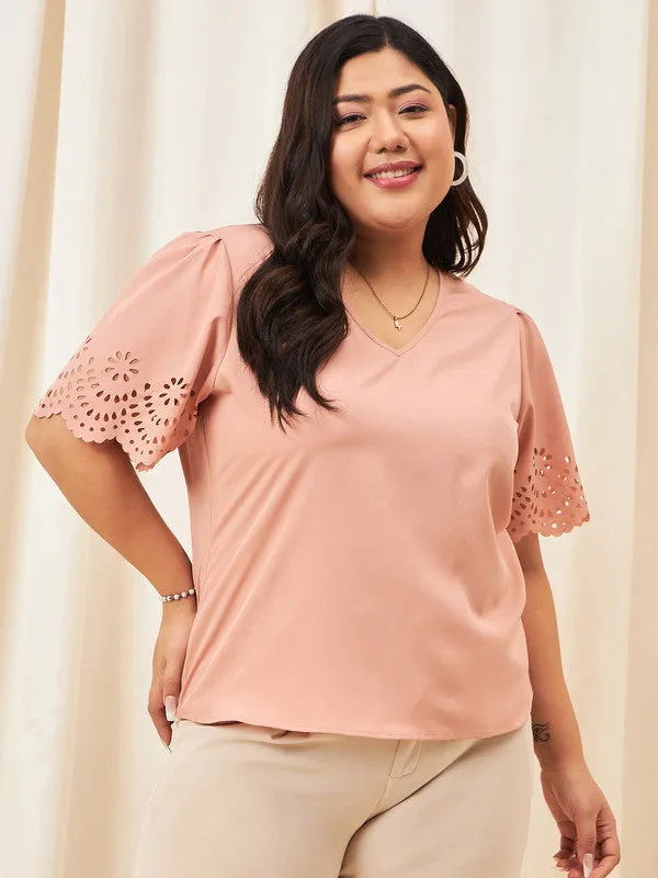 Berrylush Curve Women Solid Peach V-Neck Cutout Sleeves Crepe Regular Top