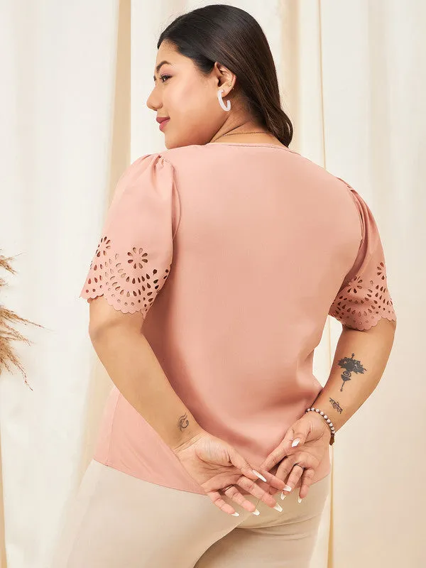 Berrylush Curve Women Solid Peach V-Neck Cutout Sleeves Crepe Regular Top