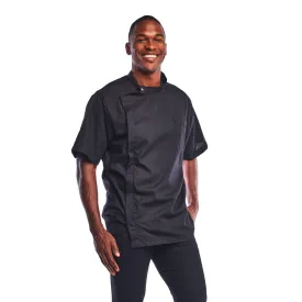 Betty Dain Classic Barber Jacket, Barber Design, Band Collar, Shoulder Snaps, Single Chest Pocket, Concealed Side Zipper Closure, Soft Cotton/Polyester Blend, Machine Washable, Black, 2XL
