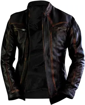 Black Motorcycle Real Leather Jacket - Genuine Lambskin Distressed Leather Biker Jacket Men