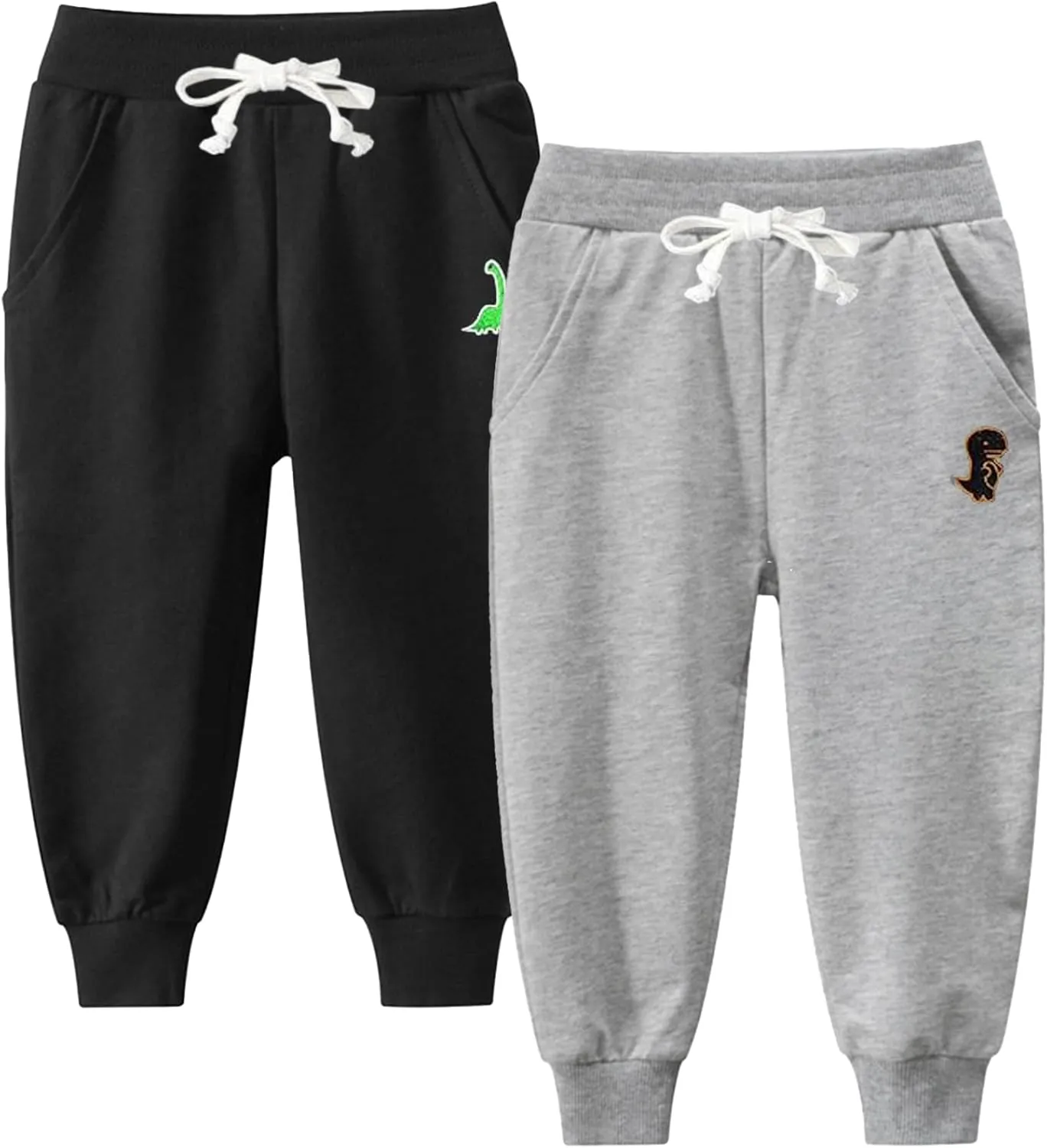 Boy's 2-Pack Pants, Toddler Cotton Pull on Jogger, Kids Dinosaur Drawstring Elastic Sweatpants