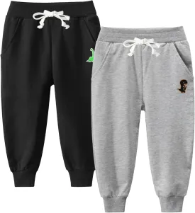 Boy's 2-Pack Pants, Toddler Cotton Pull on Jogger, Kids Dinosaur Drawstring Elastic Sweatpants