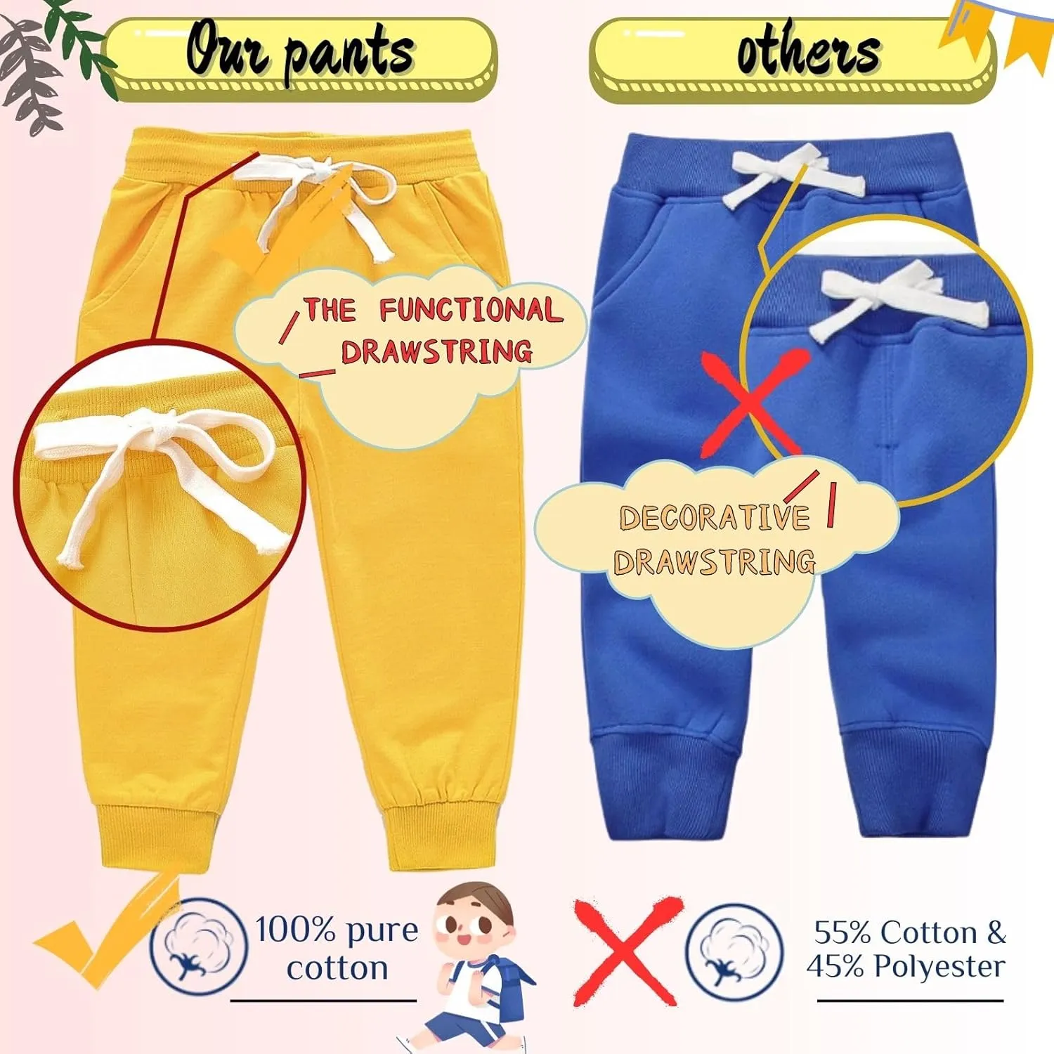 Boy's 2-Pack Pants, Toddler Cotton Pull on Jogger, Kids Dinosaur Drawstring Elastic Sweatpants
