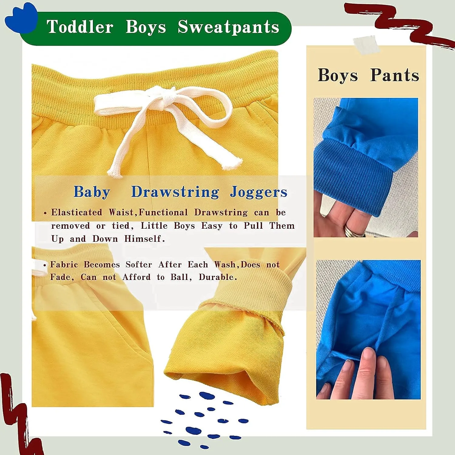 Boy's 2-Pack Pants, Toddler Cotton Pull on Jogger, Kids Dinosaur Drawstring Elastic Sweatpants