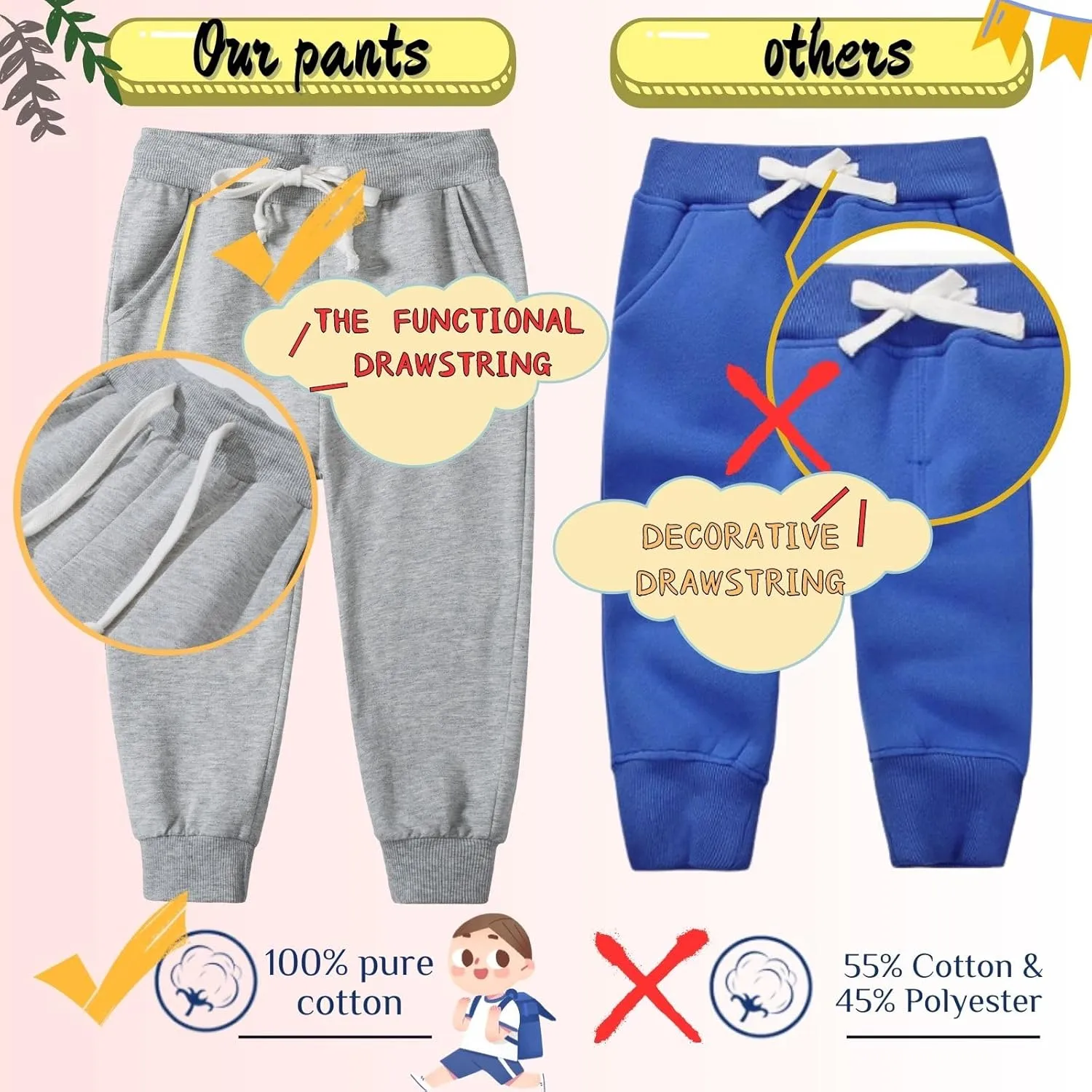 Boy's 2-Pack Pants, Toddler Cotton Pull on Jogger, Kids Dinosaur Drawstring Elastic Sweatpants