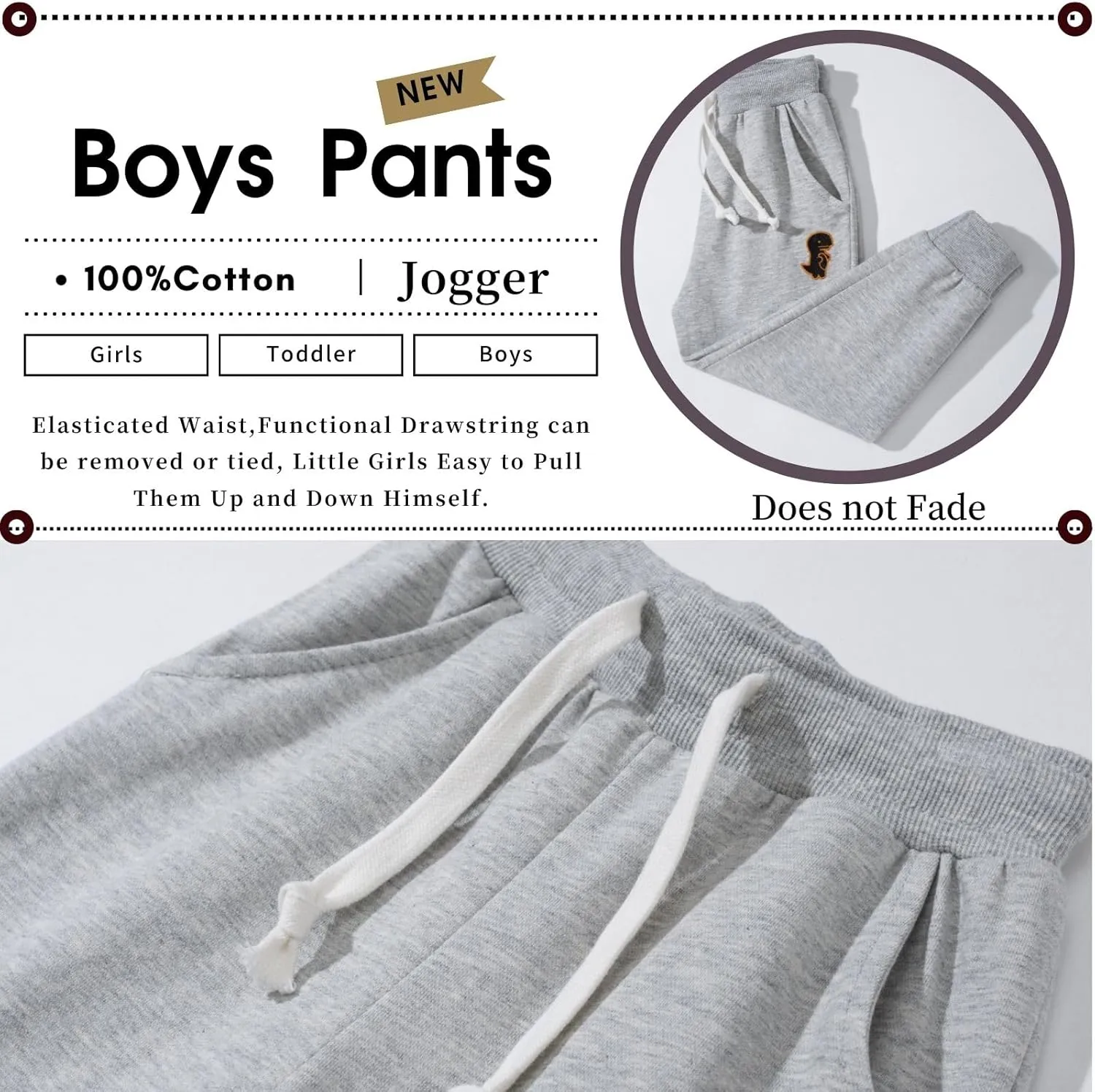 Boy's 2-Pack Pants, Toddler Cotton Pull on Jogger, Kids Dinosaur Drawstring Elastic Sweatpants