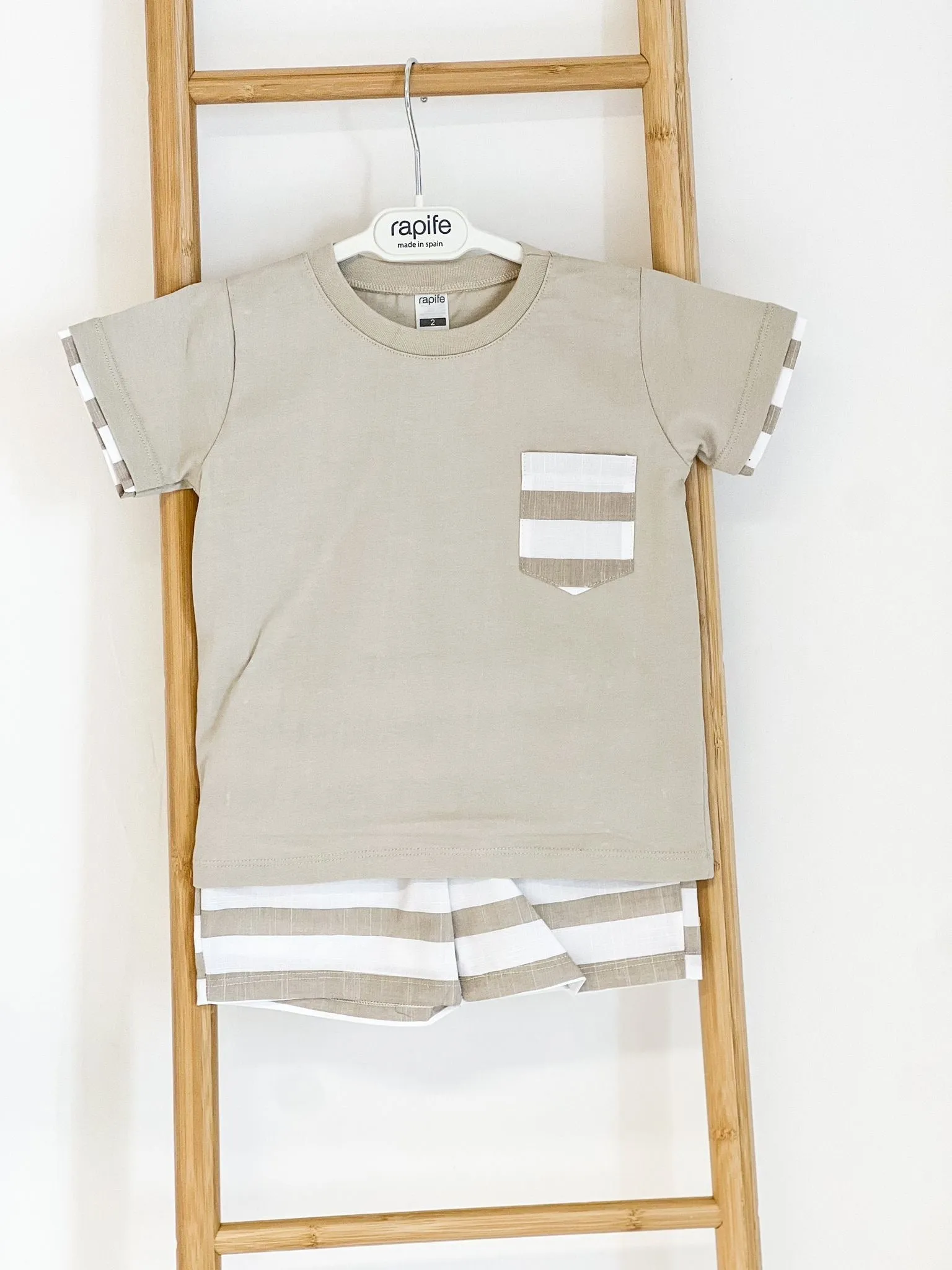 Boys Rapife Camel Horizontal Stripe Pocket Shirt and Short Set