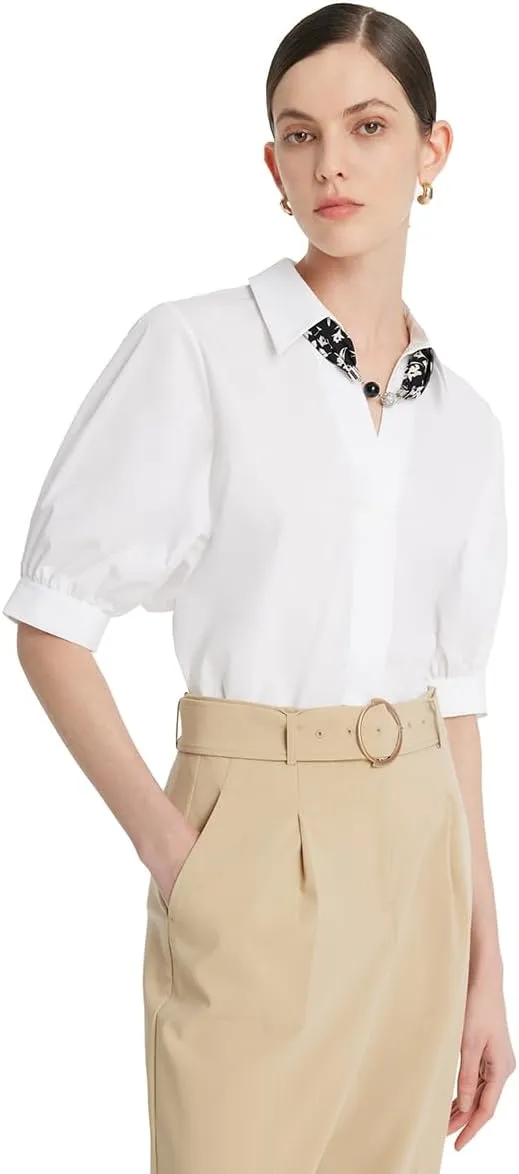 Business Casual Tops for Women Elegant V Neck White Dress Shirts Puff Sleeve Blouse for Work with Attached Silk Scarf