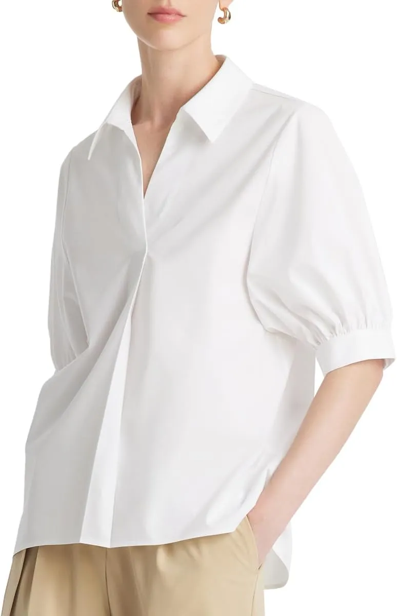 Business Casual Tops for Women Elegant V Neck White Dress Shirts Puff Sleeve Blouse for Work with Attached Silk Scarf