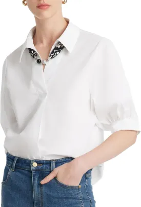 Business Casual Tops for Women Elegant V Neck White Dress Shirts Puff Sleeve Blouse for Work with Attached Silk Scarf