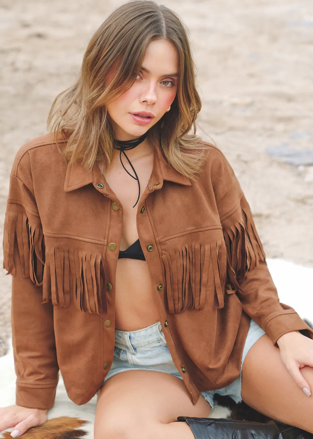Chaqueta tipo gamuza con flecos - ELOISE