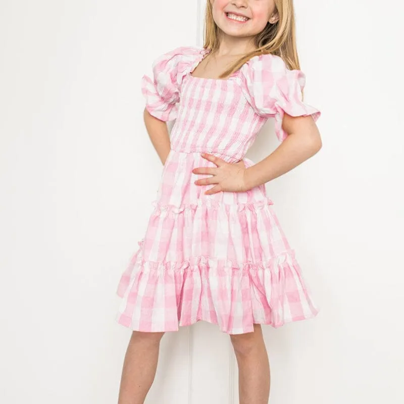 Children's Square Neck Lantern Sleeve Floral Plaid Dress