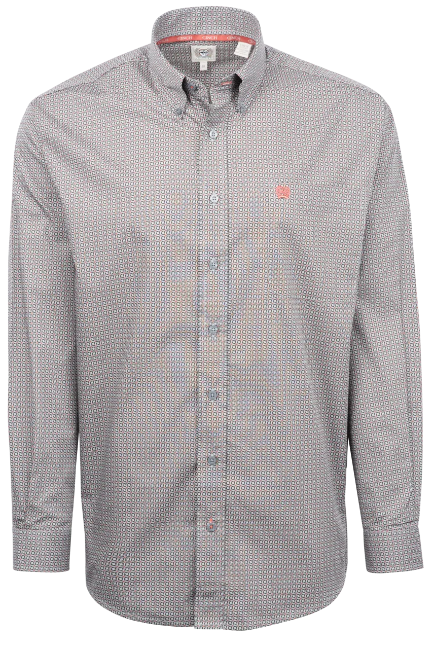 Cinch Grid Print Button-Front Shirt - Gray