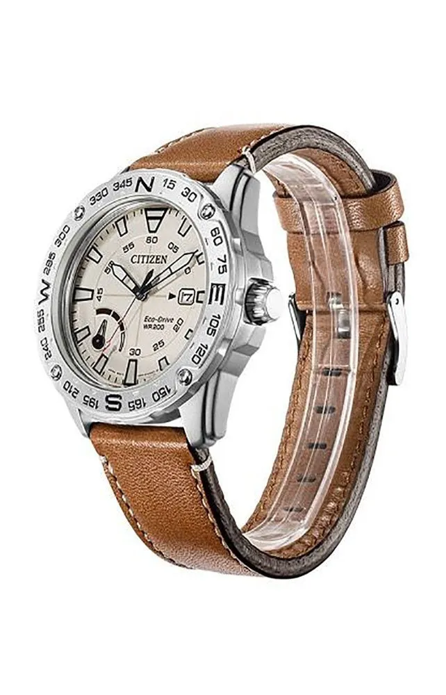 Citizen Matte Stainless Steel Cream Dial Tan Leather Strap Quartz Eco-Drive Date Mens Watch AW7040-02A