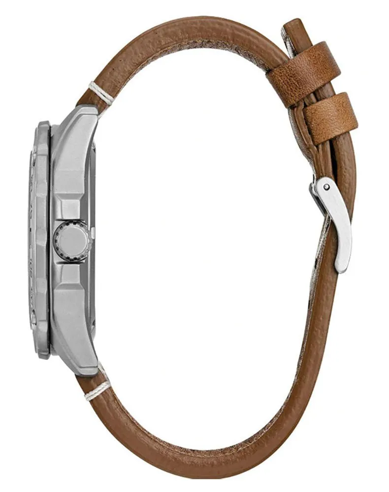 Citizen Matte Stainless Steel Cream Dial Tan Leather Strap Quartz Eco-Drive Date Mens Watch AW7040-02A