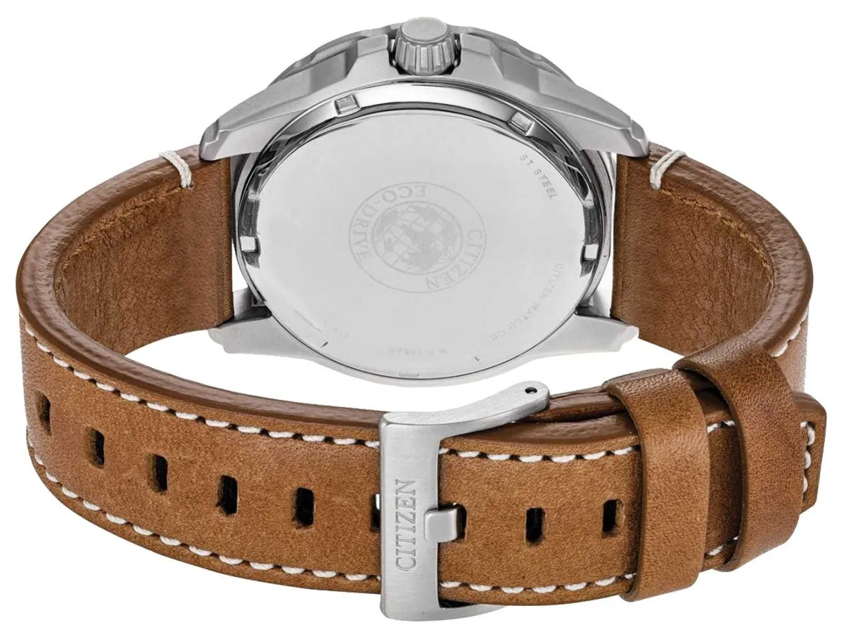 Citizen Matte Stainless Steel Cream Dial Tan Leather Strap Quartz Eco-Drive Date Mens Watch AW7040-02A