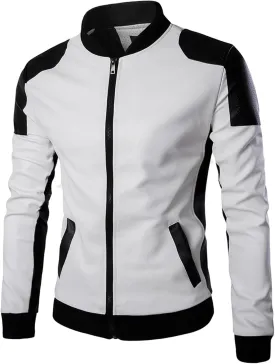 DGHM-JLMY Mens Classic Faux Leather Jacket White Black Moto Bomber Fashion Slim Fit Coat Motorcycle Bomber Jackets