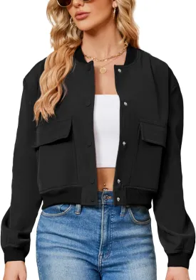 Durio Womens Bomber Jacket Fashion Short Cropped Jacket Casual Jackets for Women Varsity Jacket with Pockets Spring Fall Black Medium