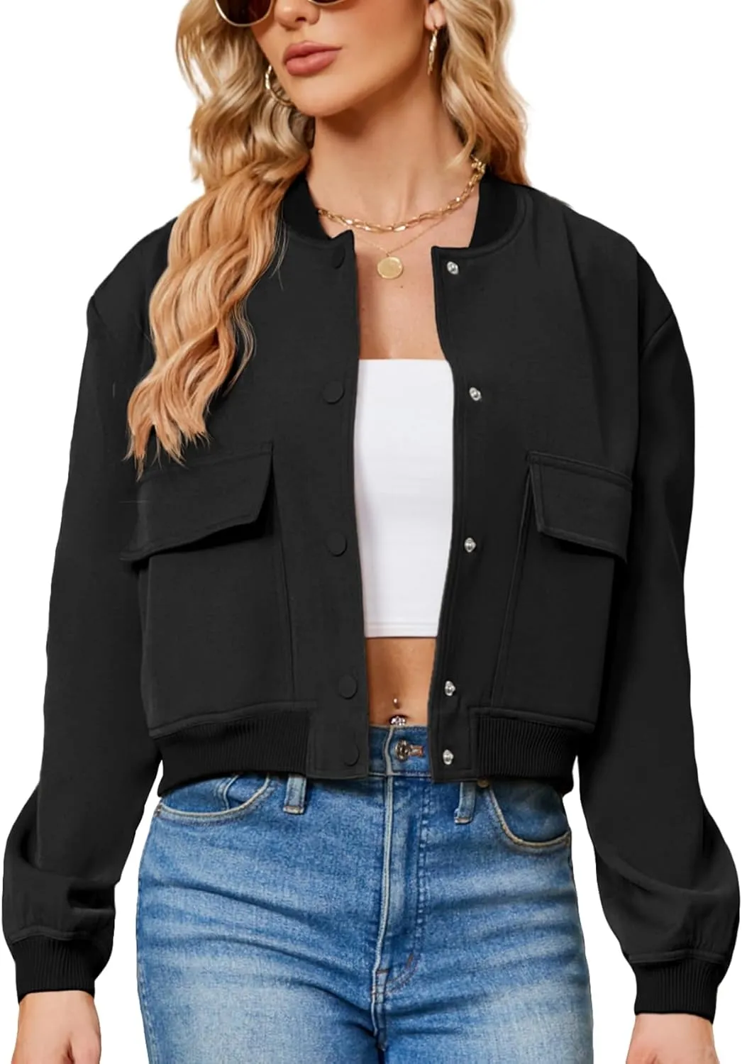 Durio Womens Bomber Jacket Fashion Short Cropped Jacket Casual Jackets for Women Varsity Jacket with Pockets Spring Fall Black Medium