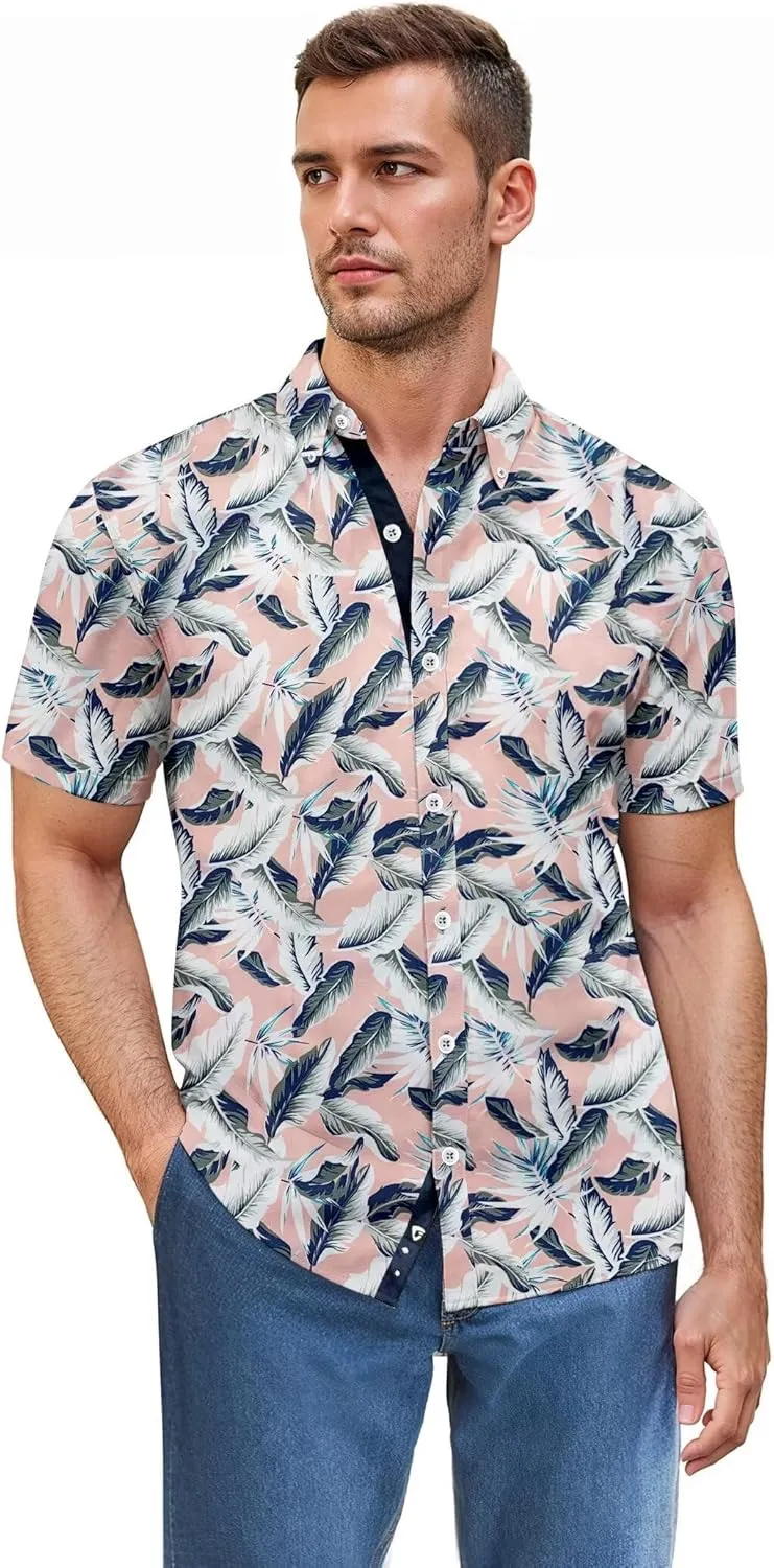ETHANOL Mens Slim Fit Short Sleeve Button Down Polo Tech Stretch Printed Shirt